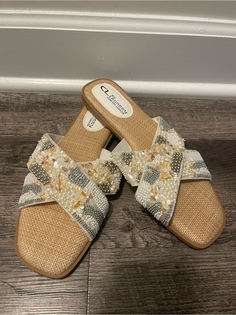 CL by Laundry Embellished Beige and Silver Crisscross Slide Sandals